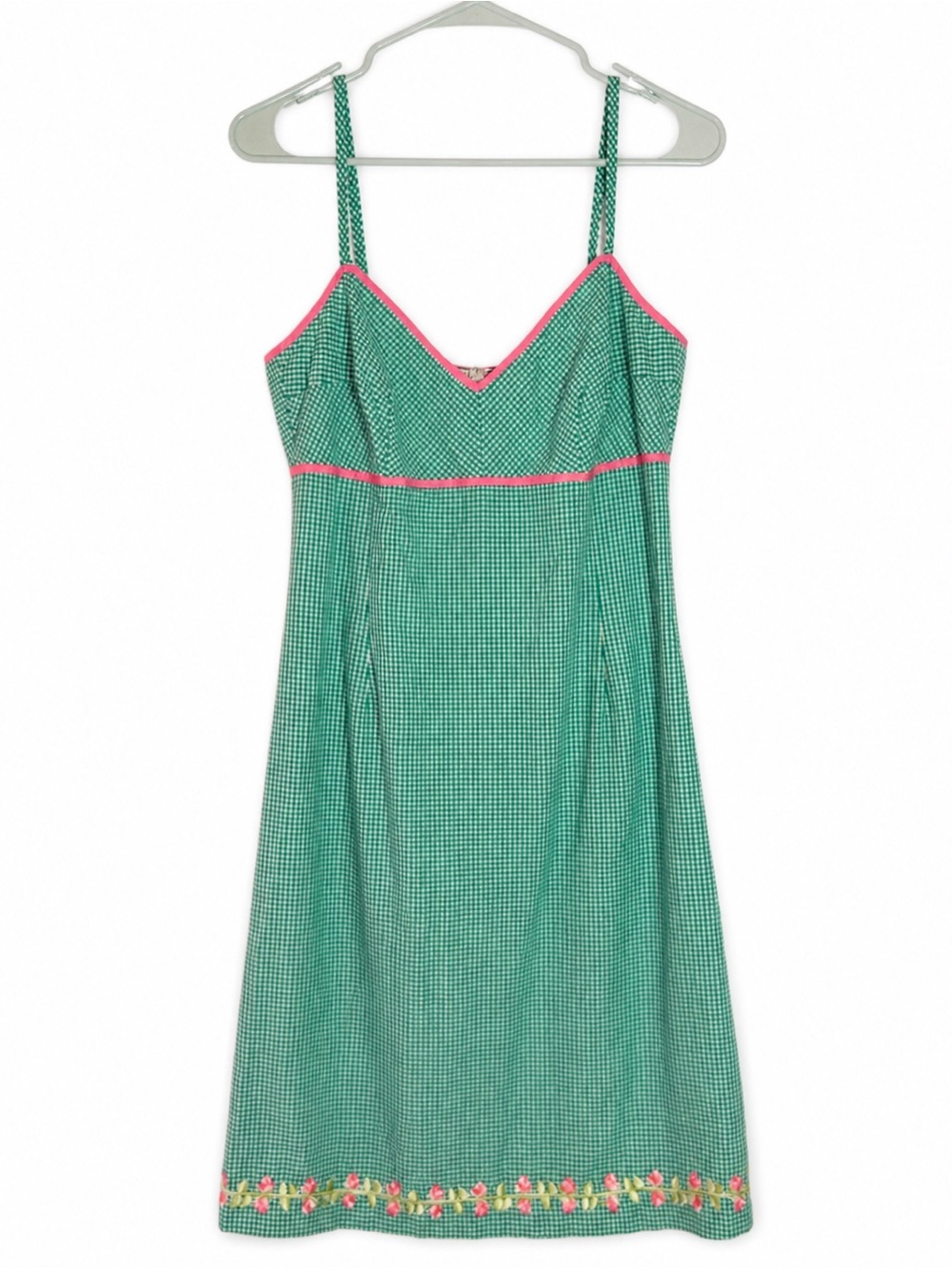Shoshanna Gingham Plaid Dress with Eyelet Lace Lining Pink and Floral Hem Size 6